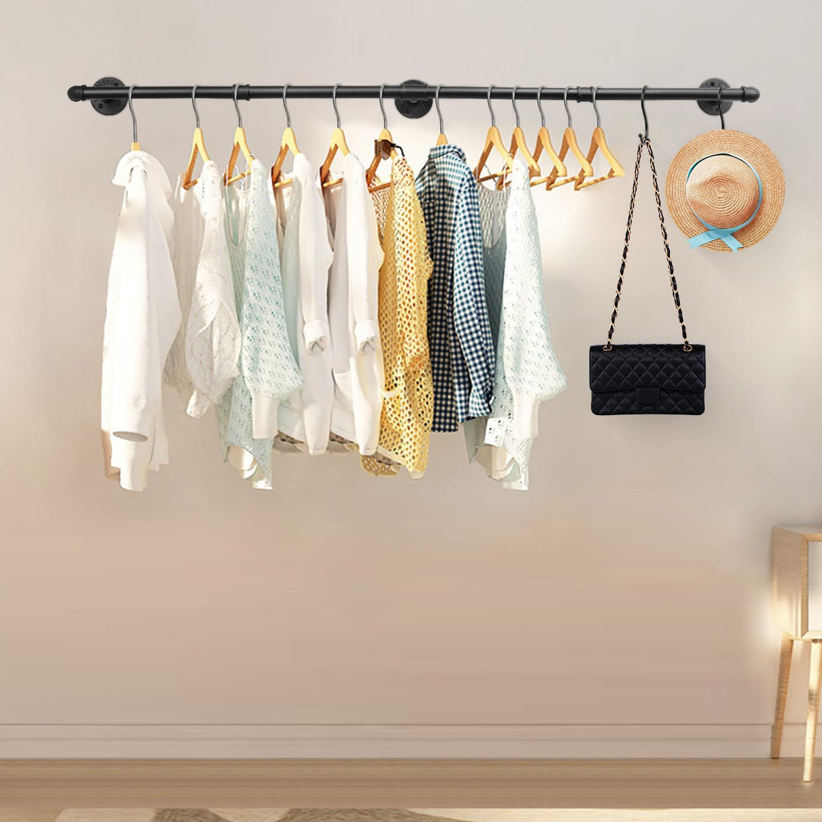 Livabber multi-purpose hanging rod adapts to bathrooms, bedrooms, and entryways.