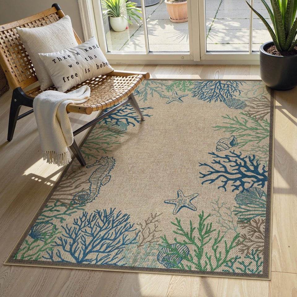 LIVEBOX Modern 3x5 jute rug with coastal coral reef design for entryway durability.