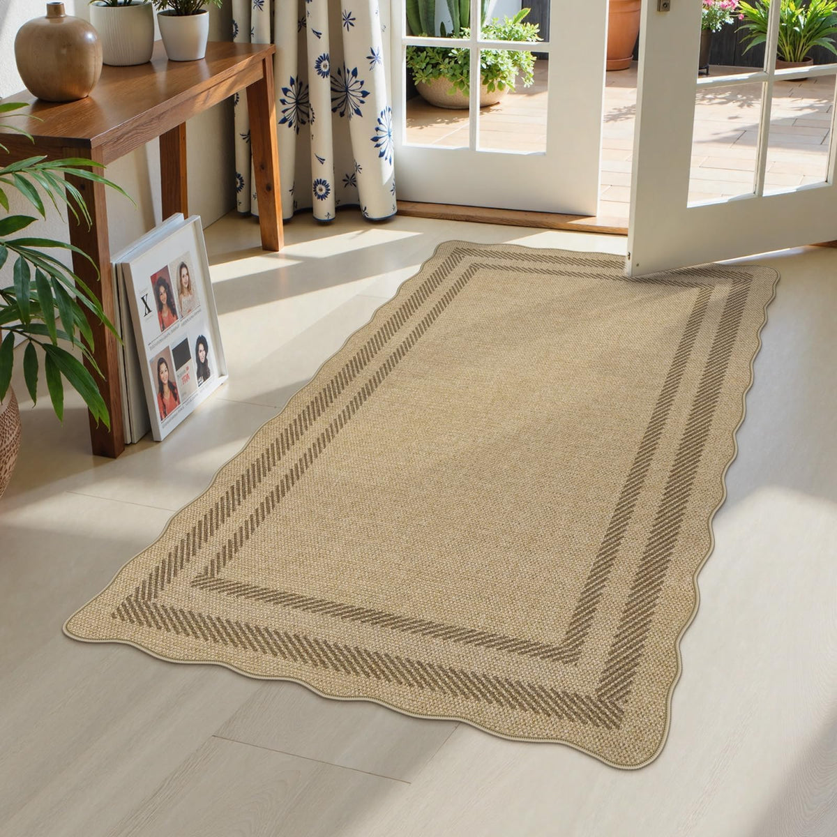LIVEBOX scalloped easy jute 3x5 rug with geometric tan pattern for entryways