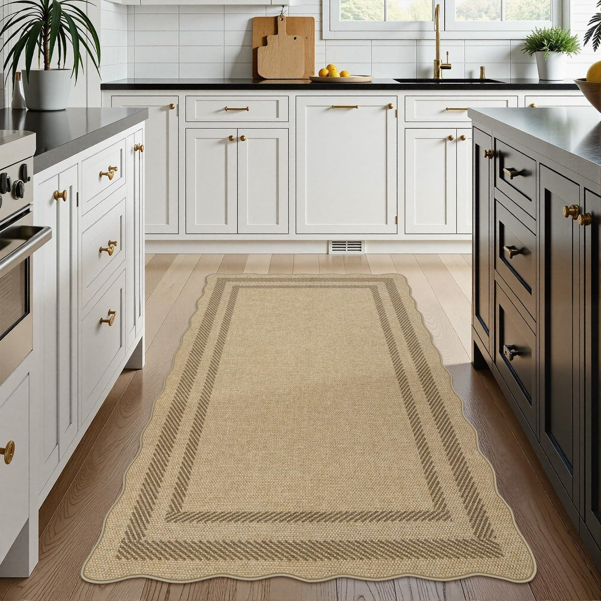 LIVEBOX tan geometric rug with scalloped edge for stylish patios