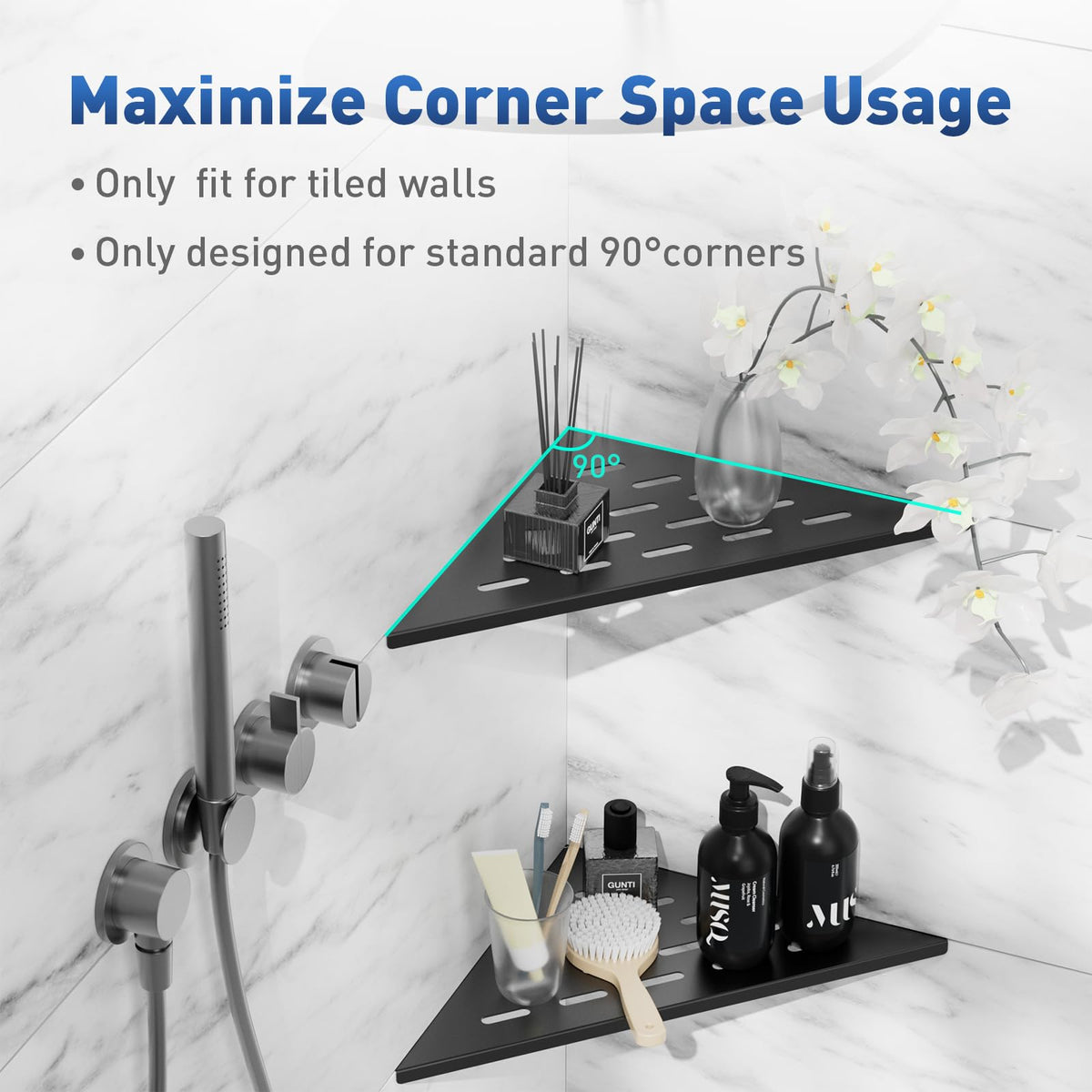Lives Corner Shelves 10-inch matte black shows modern bathroom storage.
