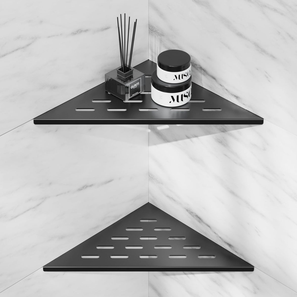 Lives Corner Shelves 2-Pack side view showcases matte black finish for stylish storage.