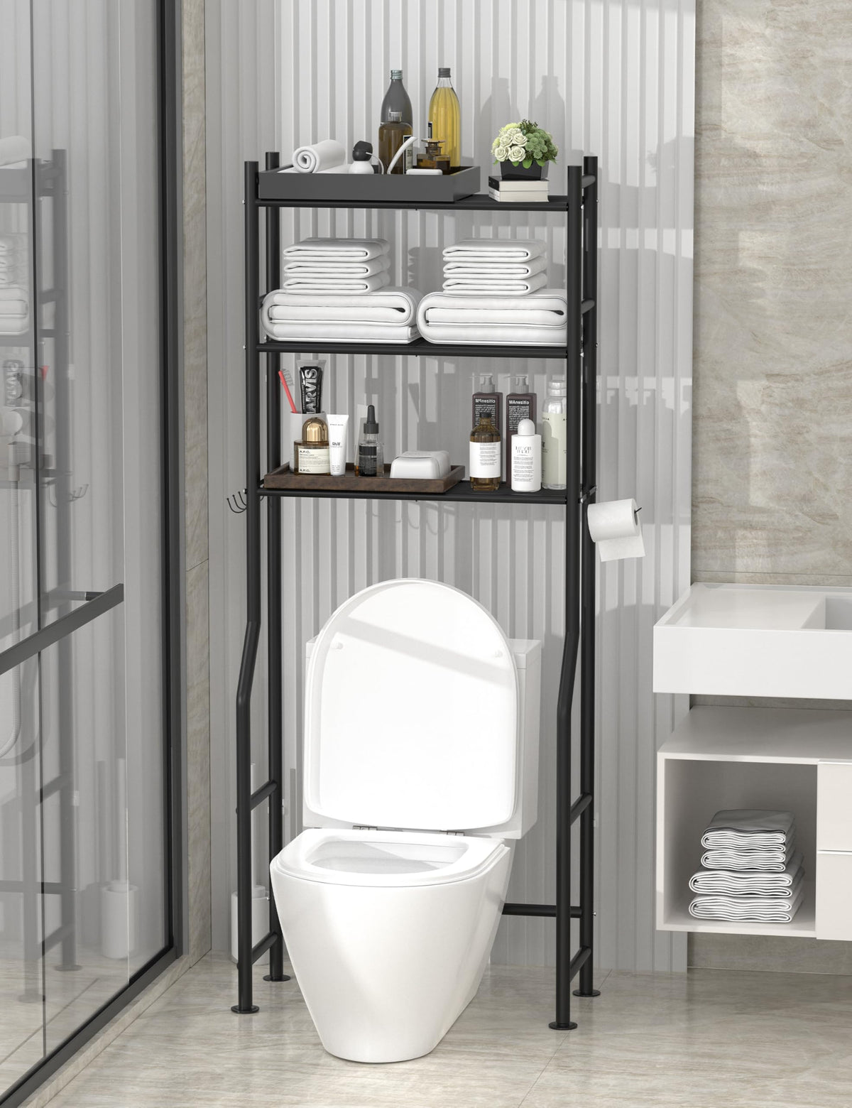 Livilord bathroom metal shelf stand complements durable, modern black design.