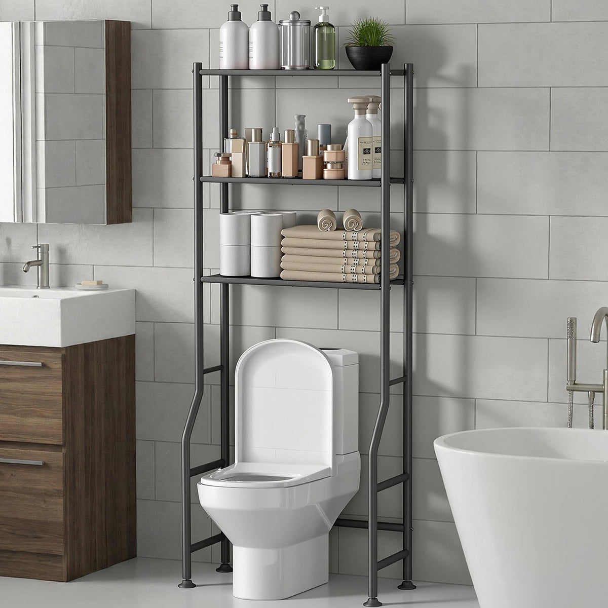Livilord over-toilet storage rack with three shelves for towels and toiletries.