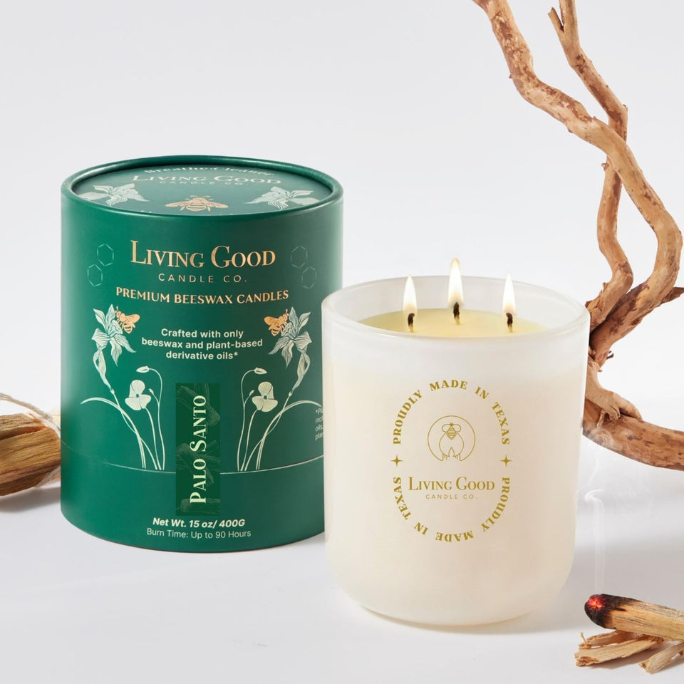 Living Good Candle Co. Palo Santo Bergamot beeswax candle in a jar for clean, calming ambiance.