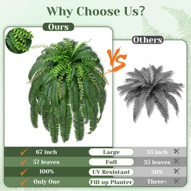 Livole artificial fern with 57 branches fills large planters with full greenery.