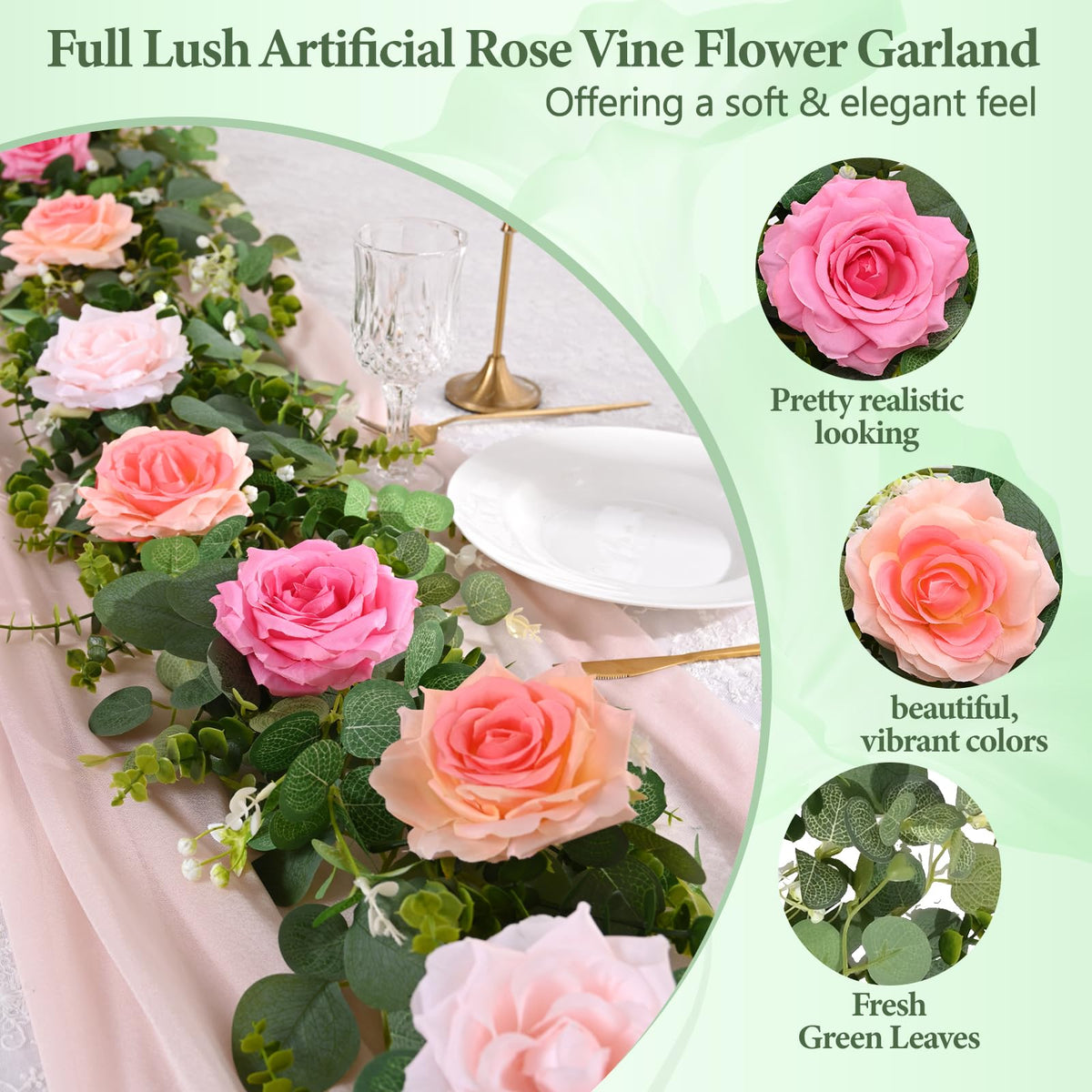 Livole rose garland side view with eucalyptus for home decor