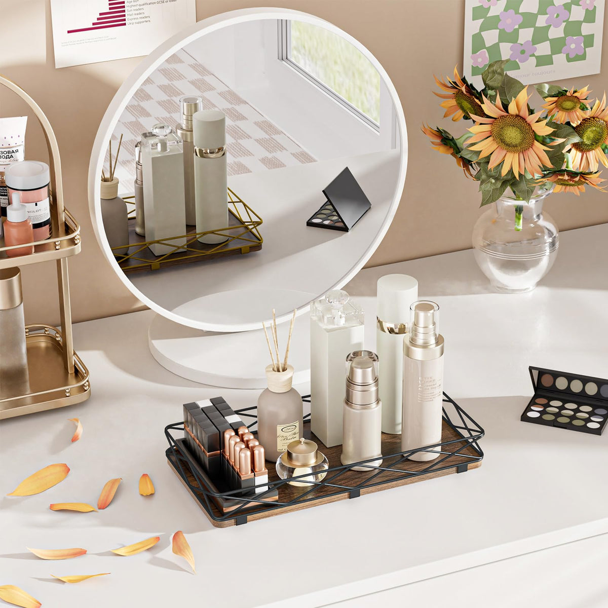 Lixple vanity tray doubles as a jewelry or cosmetics display on a dresser.