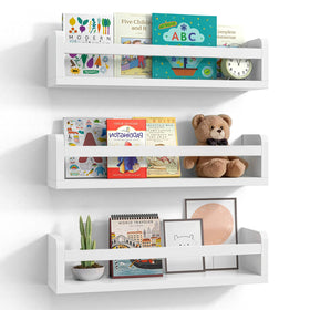 Lizgaho floating wall nursery shelves trio display in a bright nursery to organize baby books