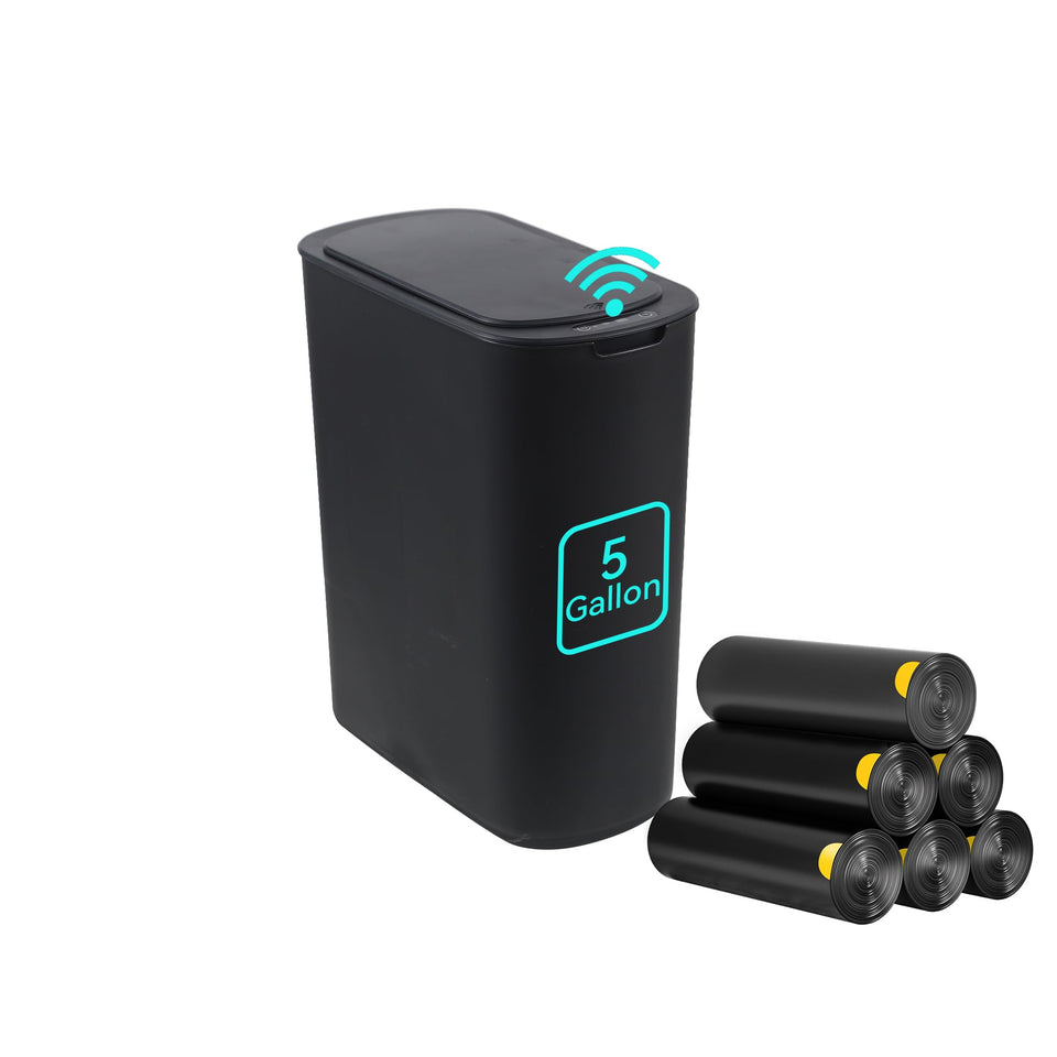 LJIACLEA 5-gallon motion sensor trash can, front view, slim design for tight spaces.