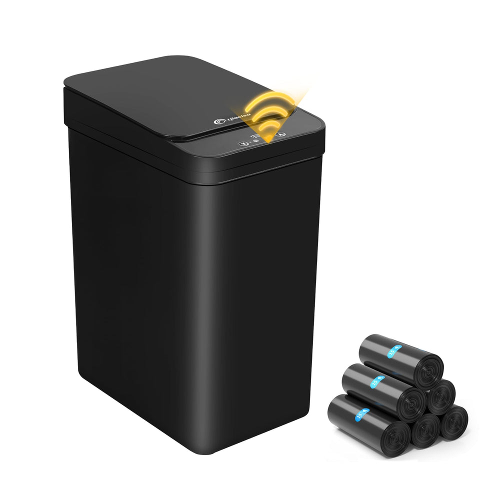 LJIACLEA black 2.6 gallon trash can in bathroom front view showing compact footprint.
