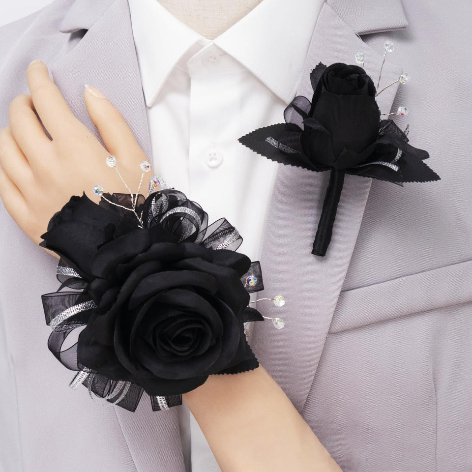 LKBK black rose boutonniere close-up with rhinestones for wedding accents.