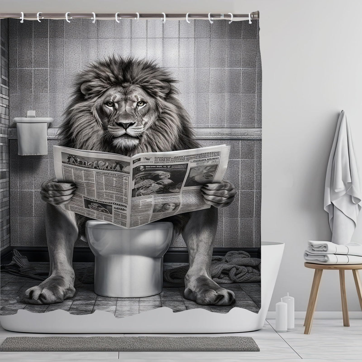 LKFBSC black-white lion print curtain adds playful bathroom style.