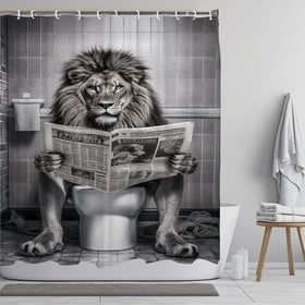 LKFBSC black-white lion print curtain adds playful bathroom style.