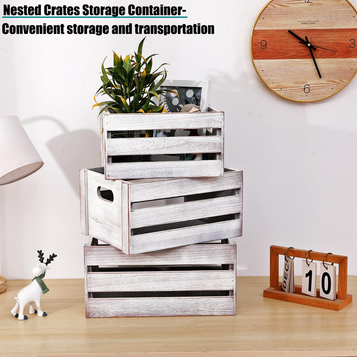 LKMANY crates bring rustic warmth to bedroom organization.