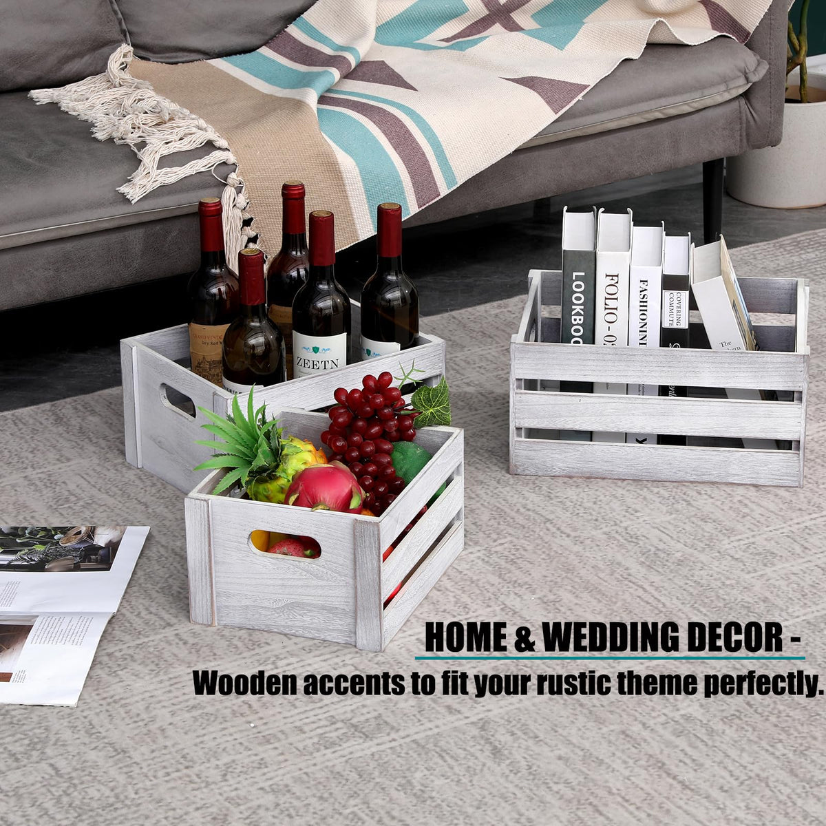 LKMANY crates add rustic charm to kitchen shelves.