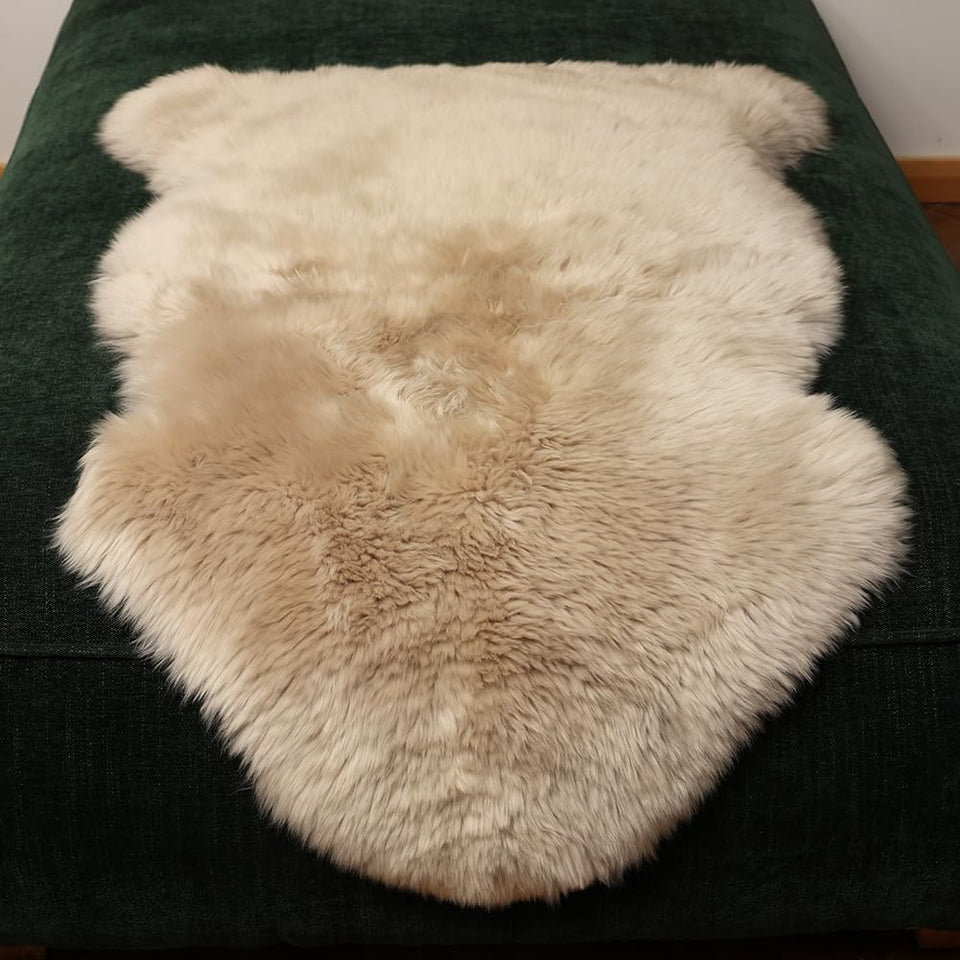 LLB genuine sheepskin rug cream brown top view highlighting warm softness and natural texture.