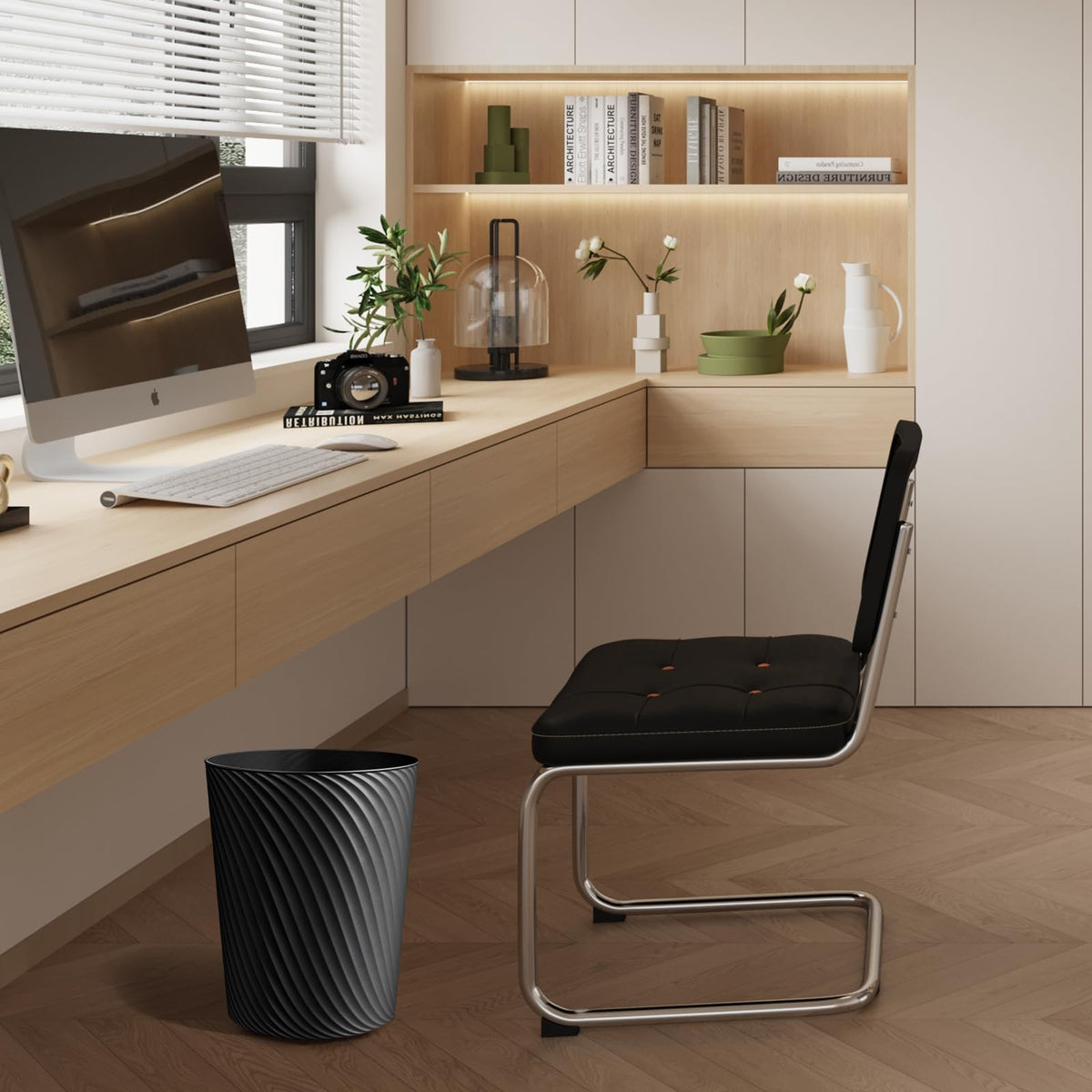 LLNTOU kitchen trash bin slim footprint fits under counters.