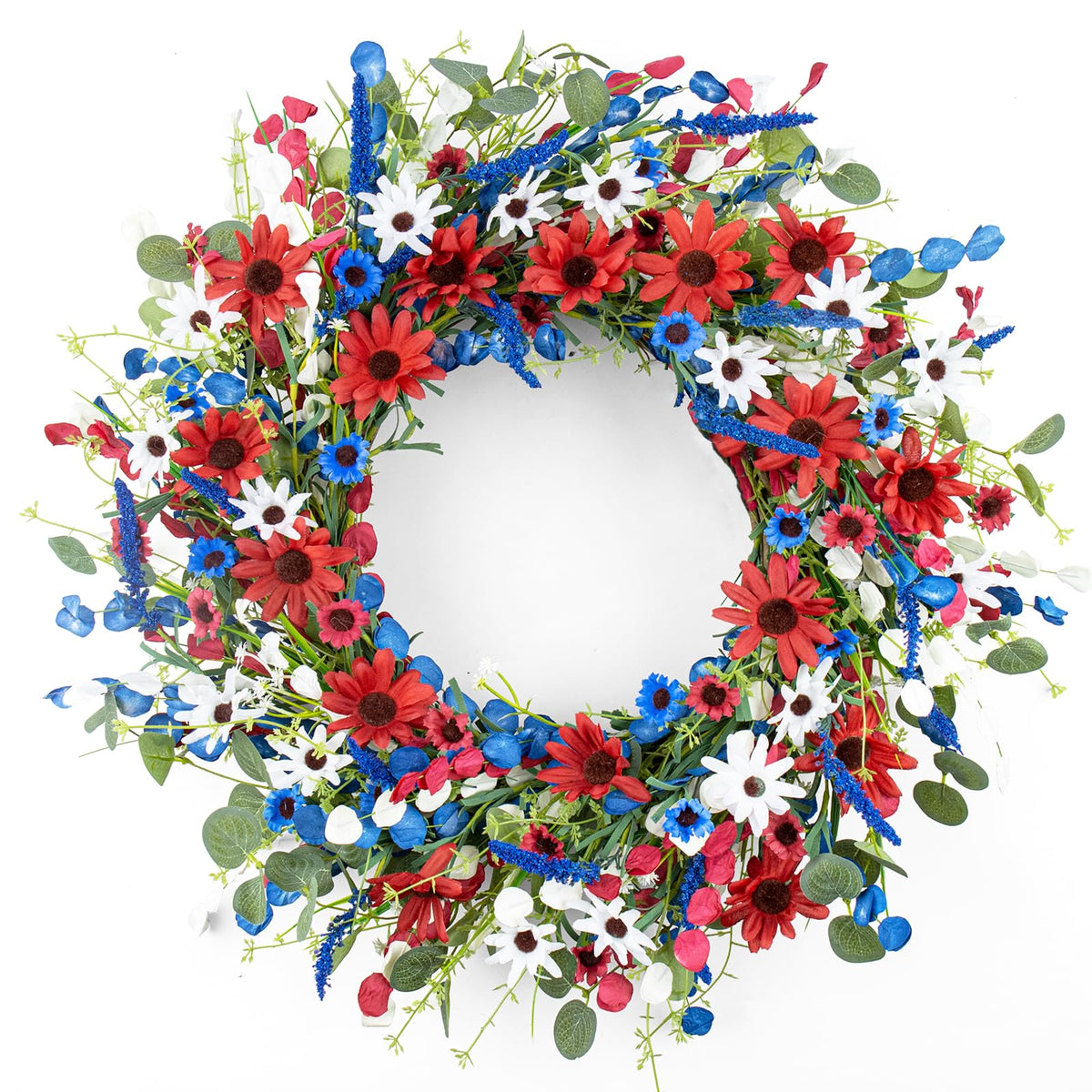 LLZLL 4th of July wreath with red daisies welcoming guests with patriotic charm
