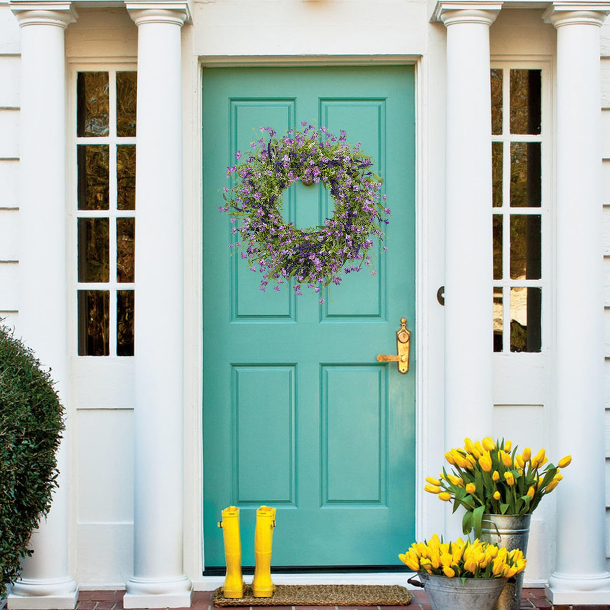 LLZLL artificial spring wreath greets guests with lasting color on porch.