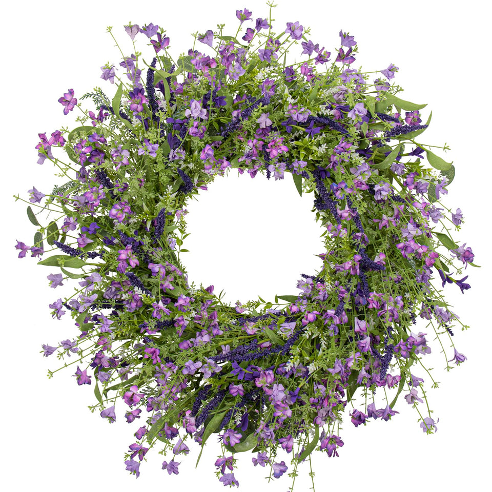 LLZLL purple spring wreath on front door adds vibrant spring curb appeal.