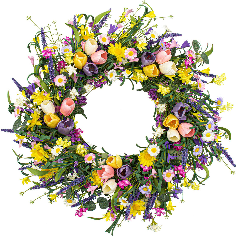 LLZLL Spring Wreath with tulips, daisies and lavender on front door for warm welcome