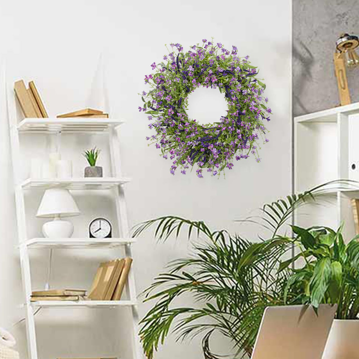 LLZLL violet lavender wreath with eucalyptus complements wall or window decor.