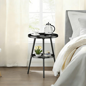 LMGVRZK round side table highlighting curved edges that keep items in place.