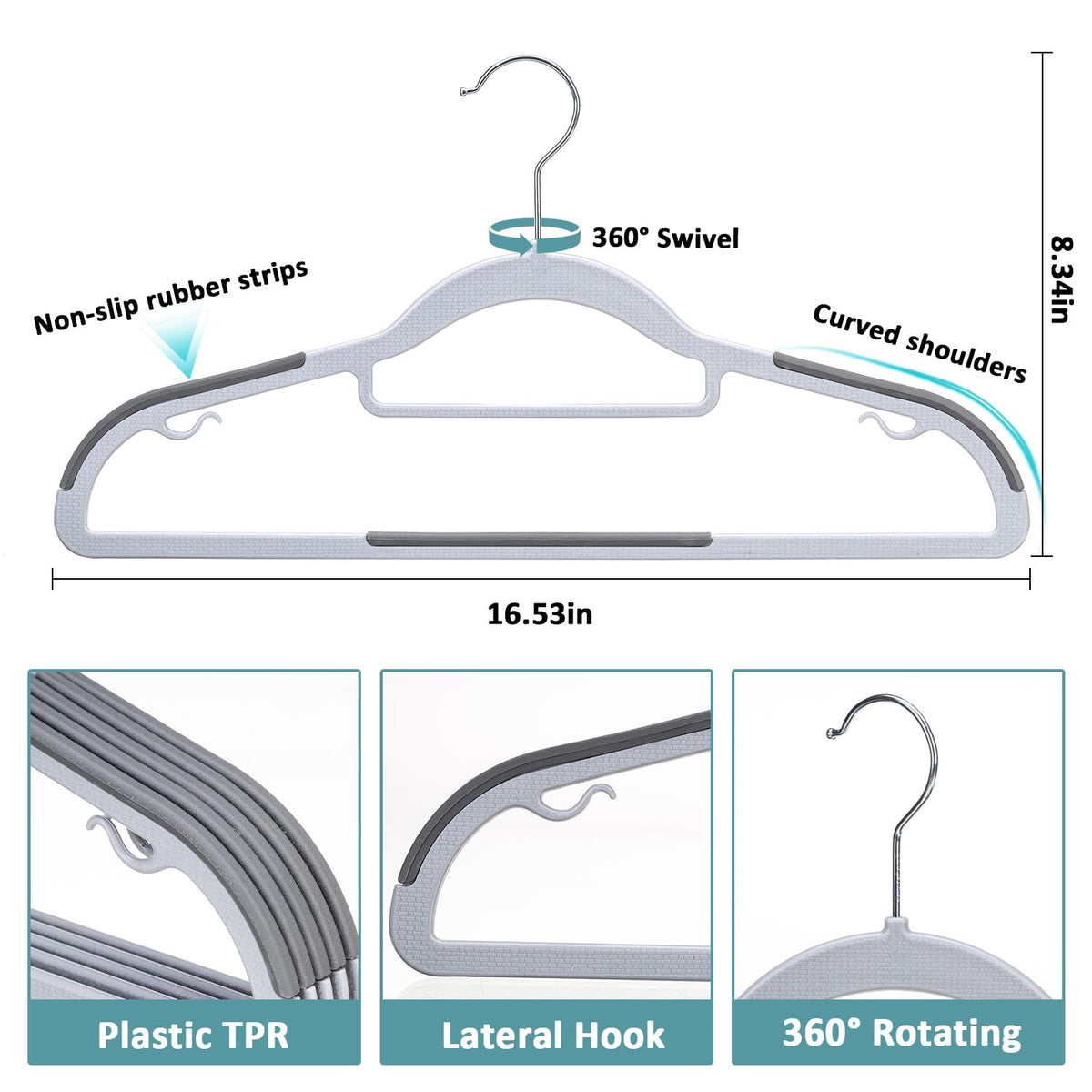LMTrystFit non-slip hangers with shoulder and bottom strips securing garments.
