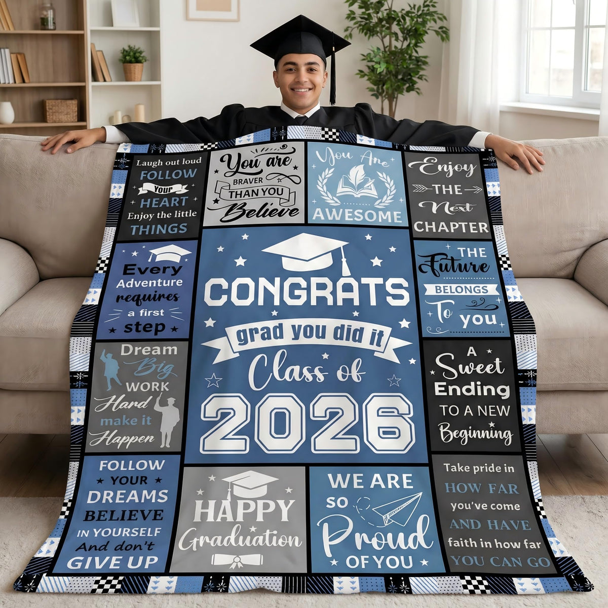 LNKRFRPA graduation blanket on a couch, cozy warmth for study breaks.