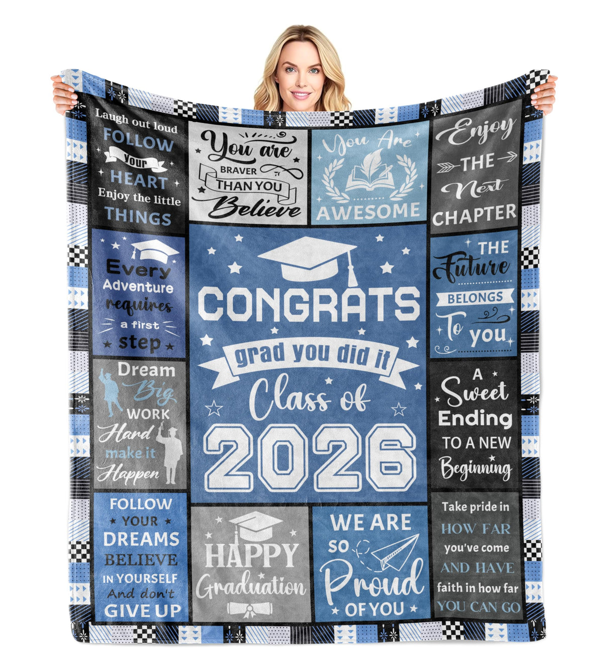 LNKRFRPA graduation blanket front view with festive print, ideal as a thoughtful gift.