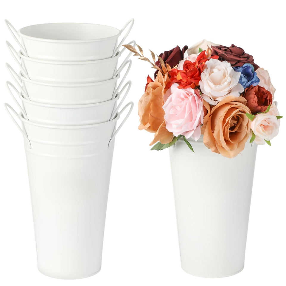 Lnrueg white flower buckets front view for rustic centerpiece styling