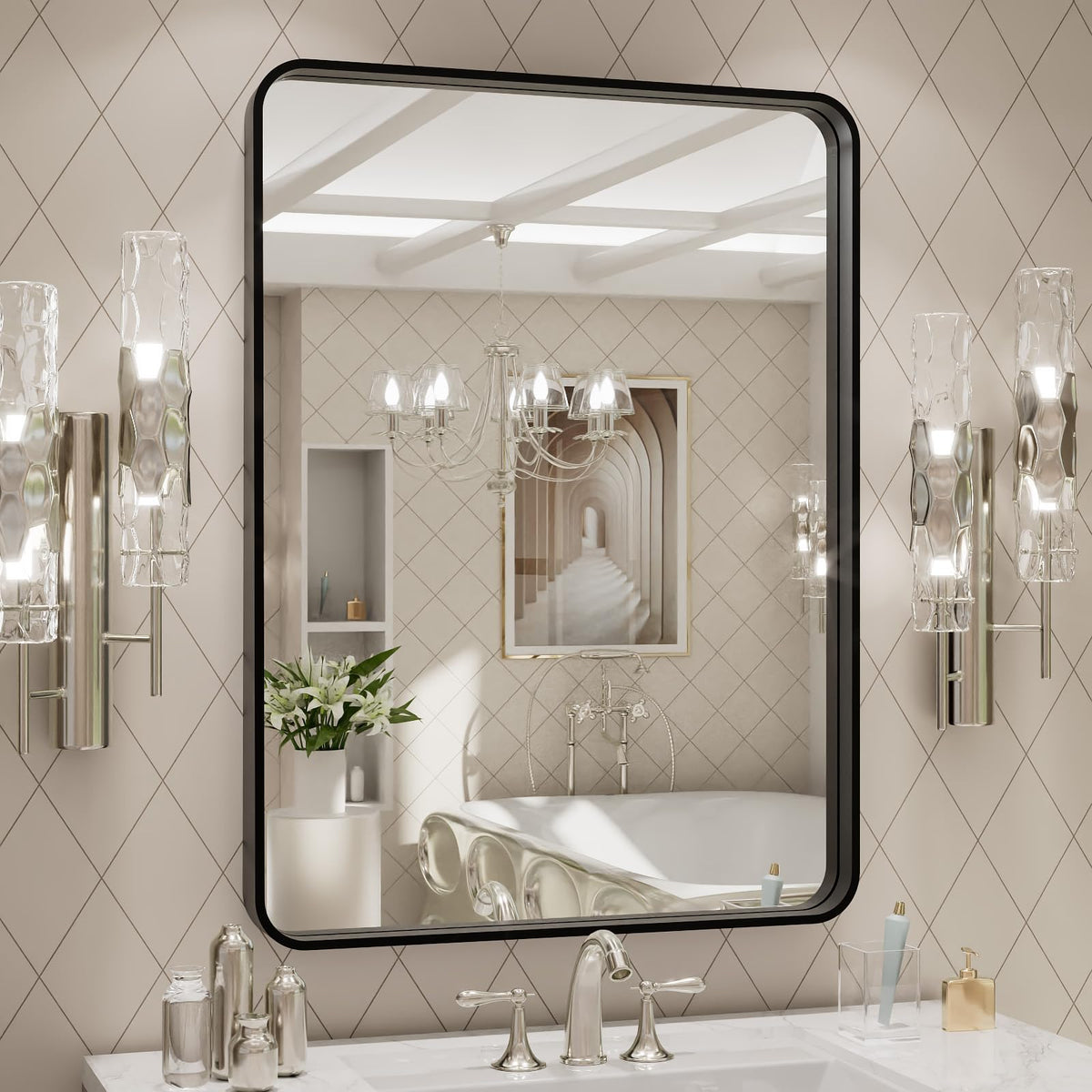 LOAAO bathroom mirror 24x32 front view with black frame enhances light and style