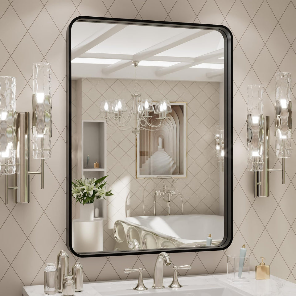 LOAAO bathroom mirror 24x32 front view with black frame enhances light and style