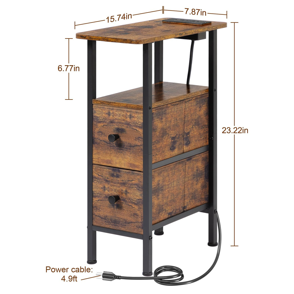 Open storage with magazines and remote beside closed fabric drawers