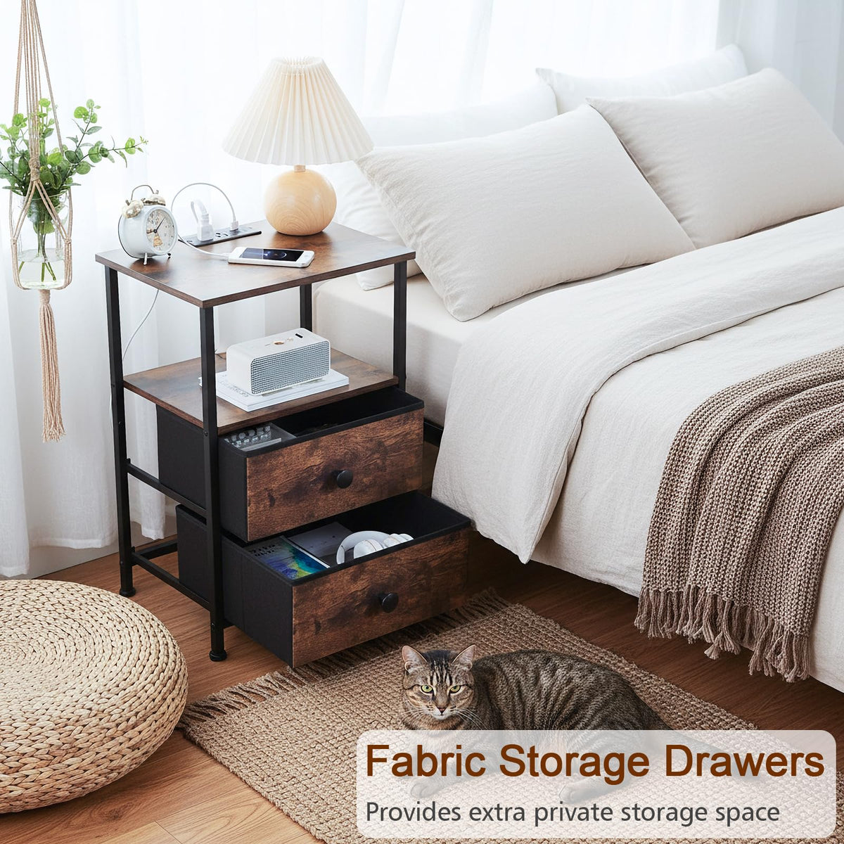 LOAKEKEL rustic brown end table with fabric drawers and shelf for décor and essentials.