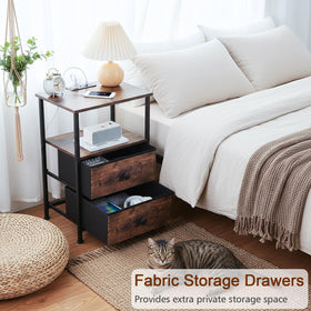 LOAKEKEL rustic brown end table with fabric drawers and shelf for décor and essentials.