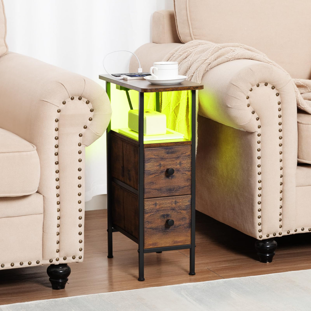 LOAKEKEL narrow end table open-shelf-drawer provides versatile storage options.