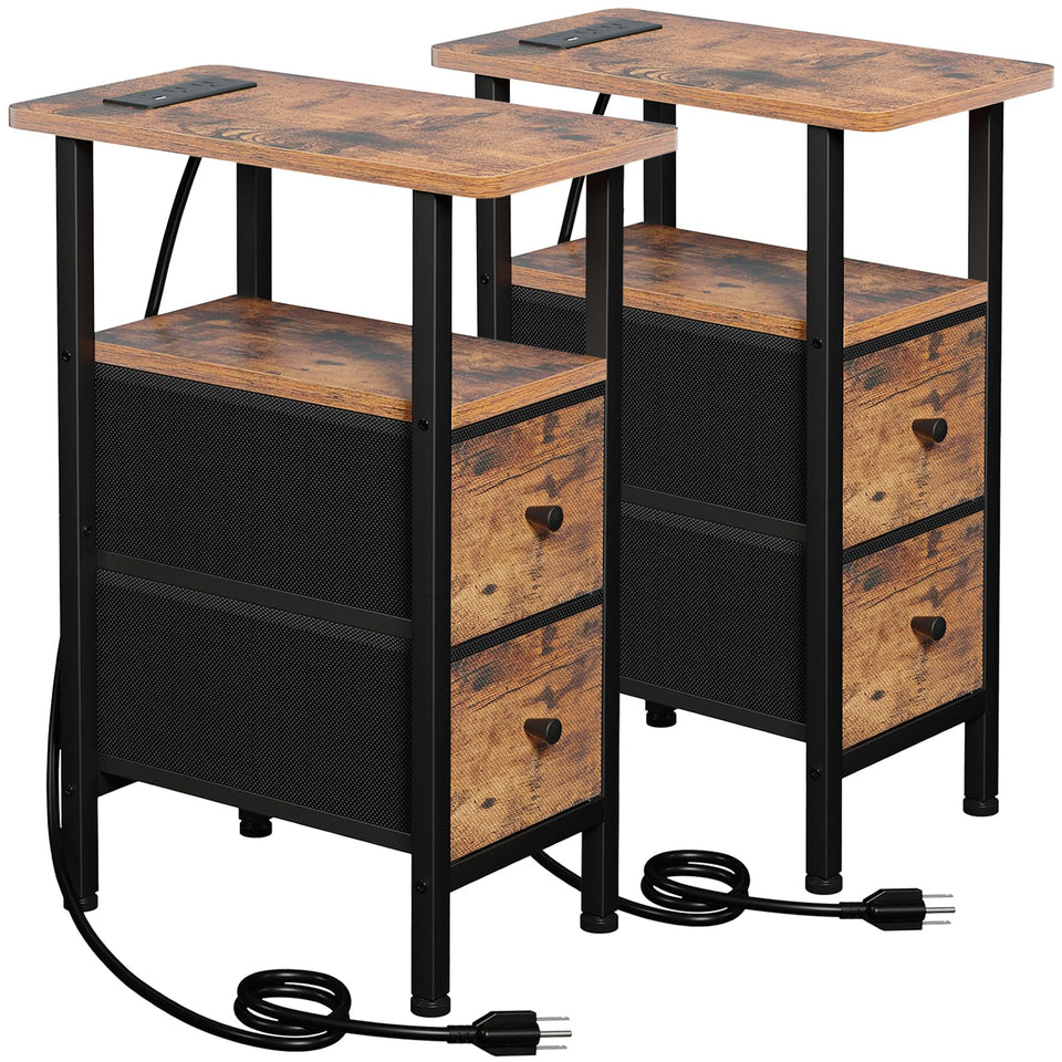 LOAKEKEL narrow nightstand with charging station showing USB and outlets for easy charging