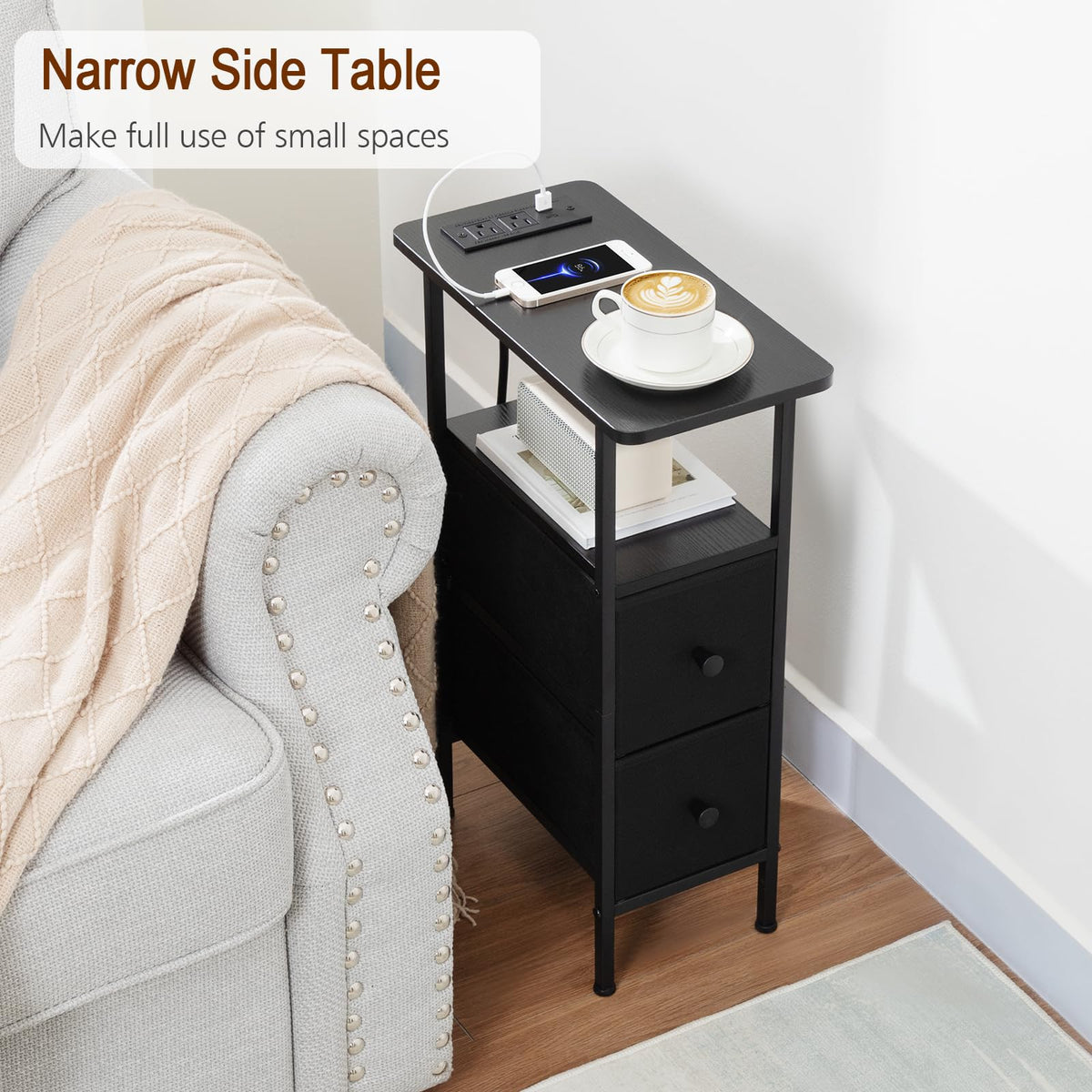 LOAKEKEL Narrow Nightstand charging station with USB and Type-C ports