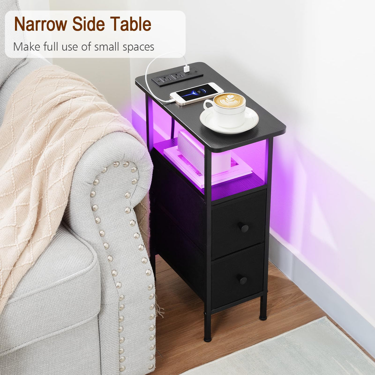 LOAKEKEL compact nightstand showing built-in charging ports for devices