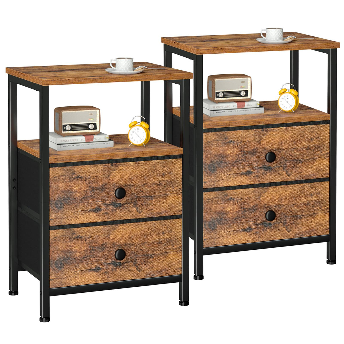 LOAKEKEL Night Stand Set 2 in rustic brown finish, ideal for symmetrical bedside storage.