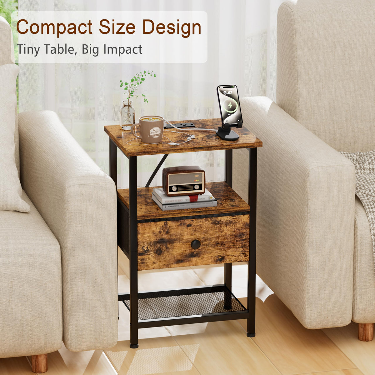 LOAKEKEL nightstand bedroom scene with USB charging nearby bed for convenient power access