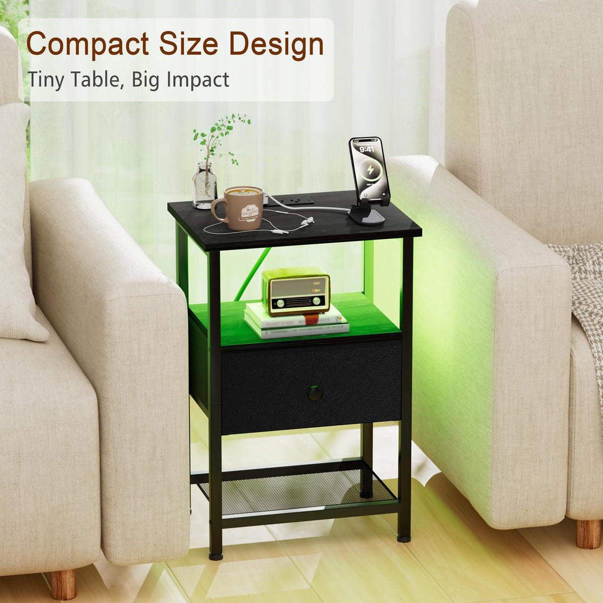 LOAKEKEL LED nightstand in bedroom scene beside bed showcases compact size