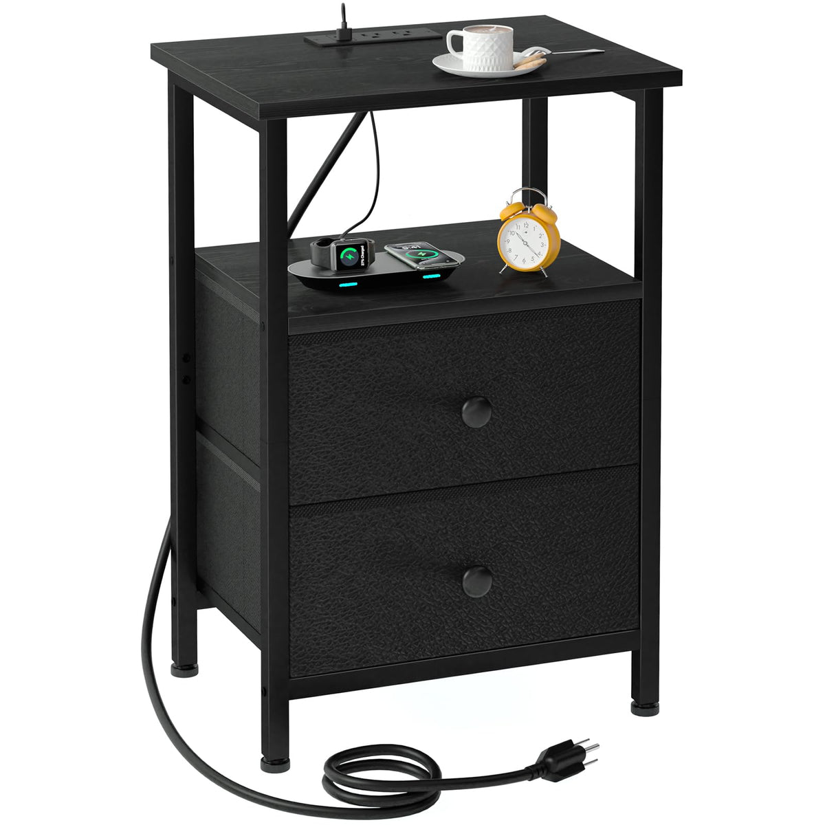 LOAKEKEL nightstand with charging station seen from the top view, bedside power access.