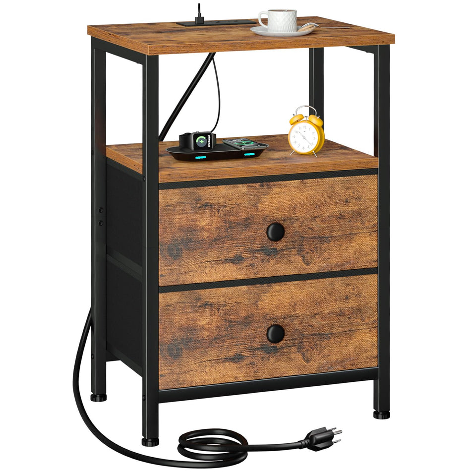 LOAKEKEL nightstand with charging station powers devices at the bedside.
