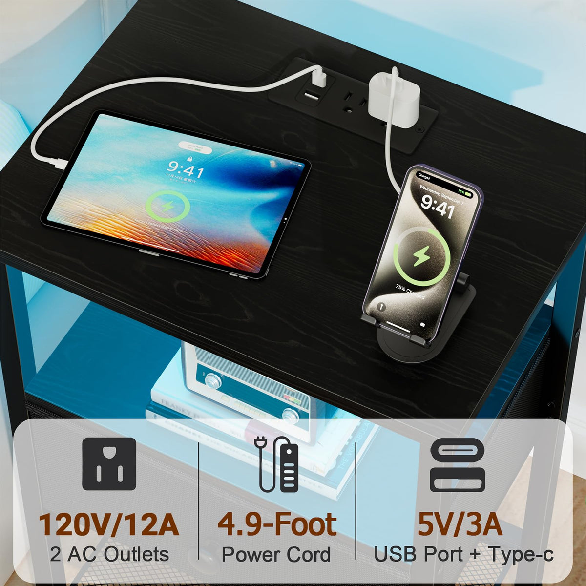 LOAKEKEL LED nightstand fabric drawer open keeps cables tidy