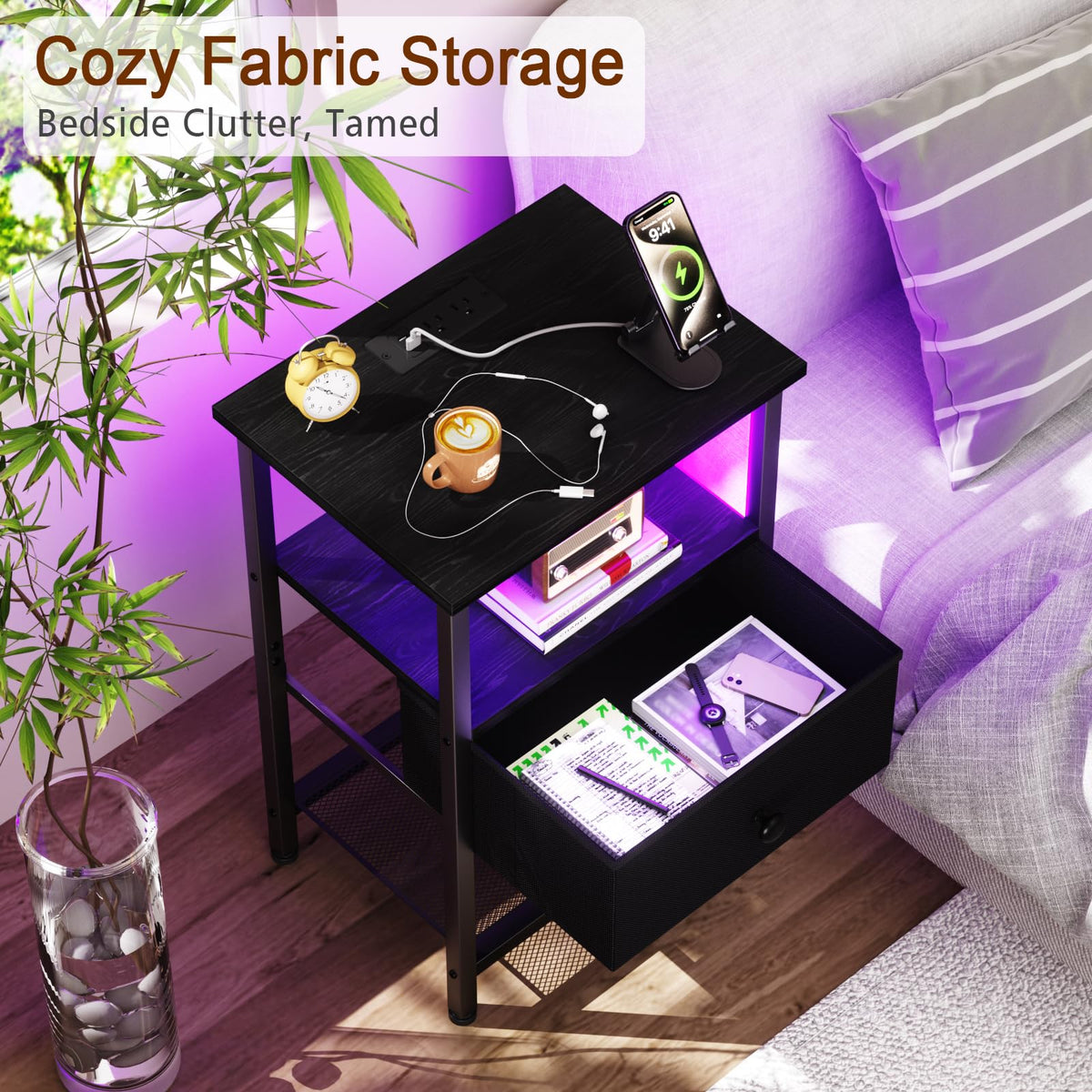 LOAKEKEL LED nightstand fabric drawer closeup highlights PU finish texture