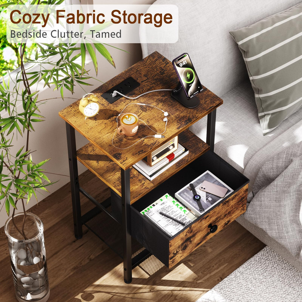 LOAKEKEL nightstand fabric drawer detail highlighting breathable storage for keeping essentials organized