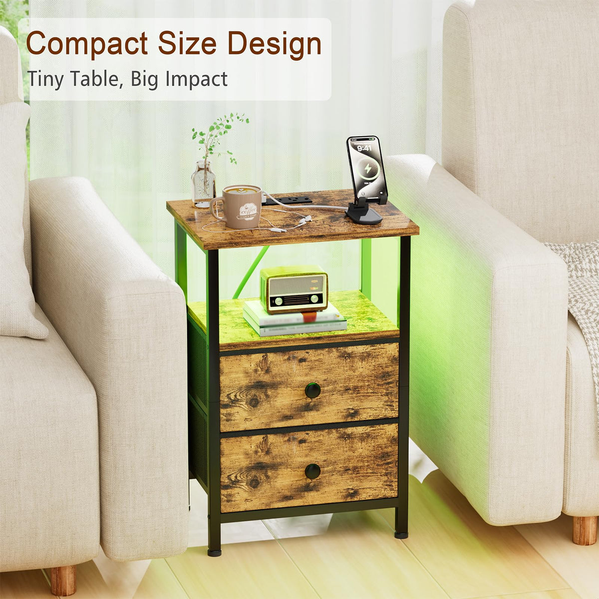 LOAKEKEL nightstand side view showing USB ports and outlets
